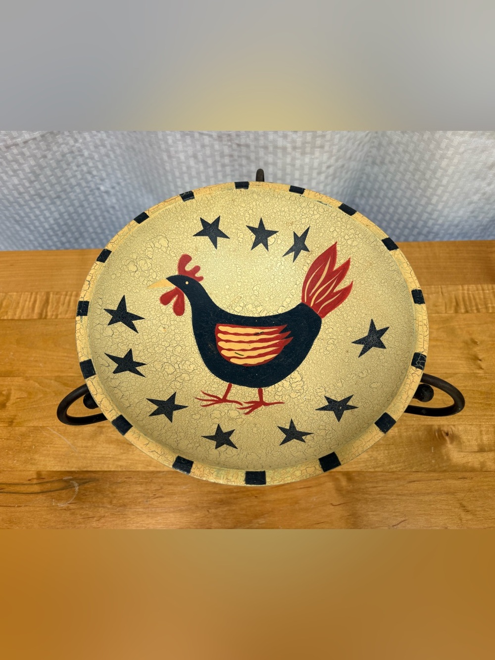 Folk Art Rooster Decorative Bowl - Cream, Navy & Red